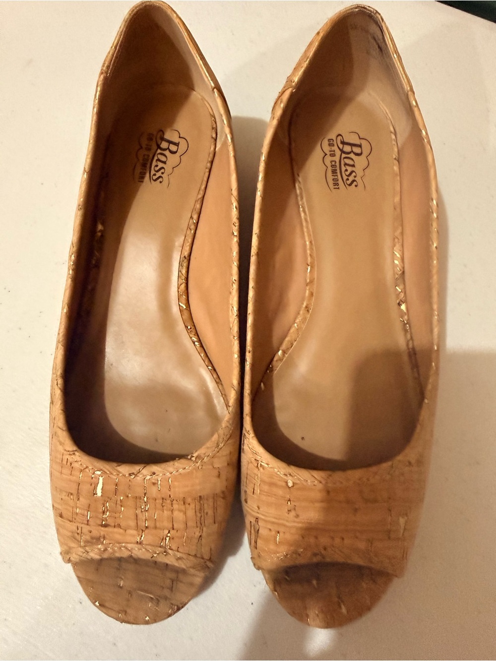 Bass Cork Peep-Toe Wedges in Tan with Metallic Flecks